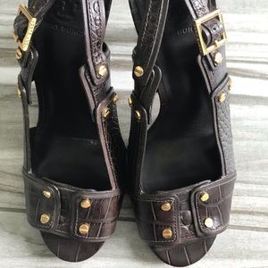 Tory Burch Embossed Leather Open Toe Heel, Size 10